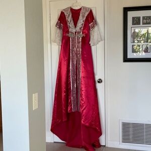 Red satin formal floor length coat with silver metallic & lace trim size 6